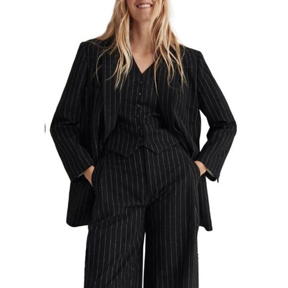 New Madewell Metallic Pinstripe Wool Blend Blazer Black Size 14 - Picture 1 of 5